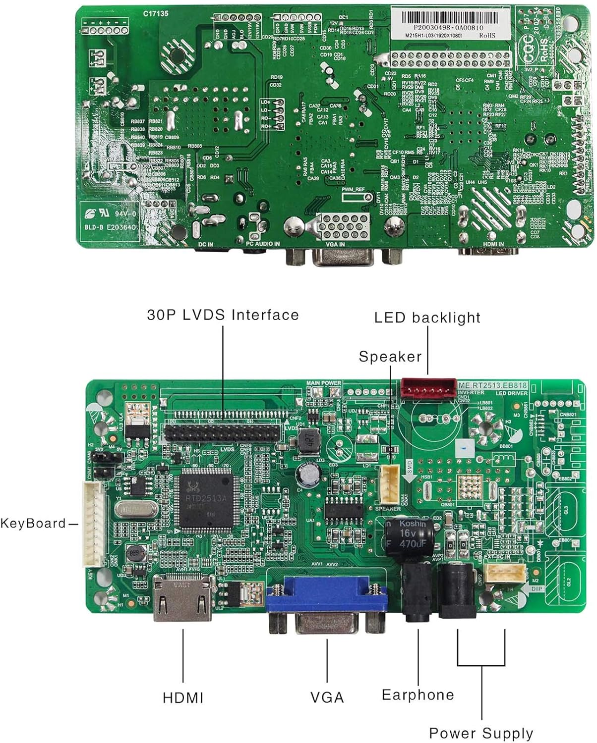 VSDISPLAY 13.3" 13.3 Inch 1920X1080 LCD Screen LQ133M1LW02 with HD-MI VGA Audio LCD Controller Board RT2513-818