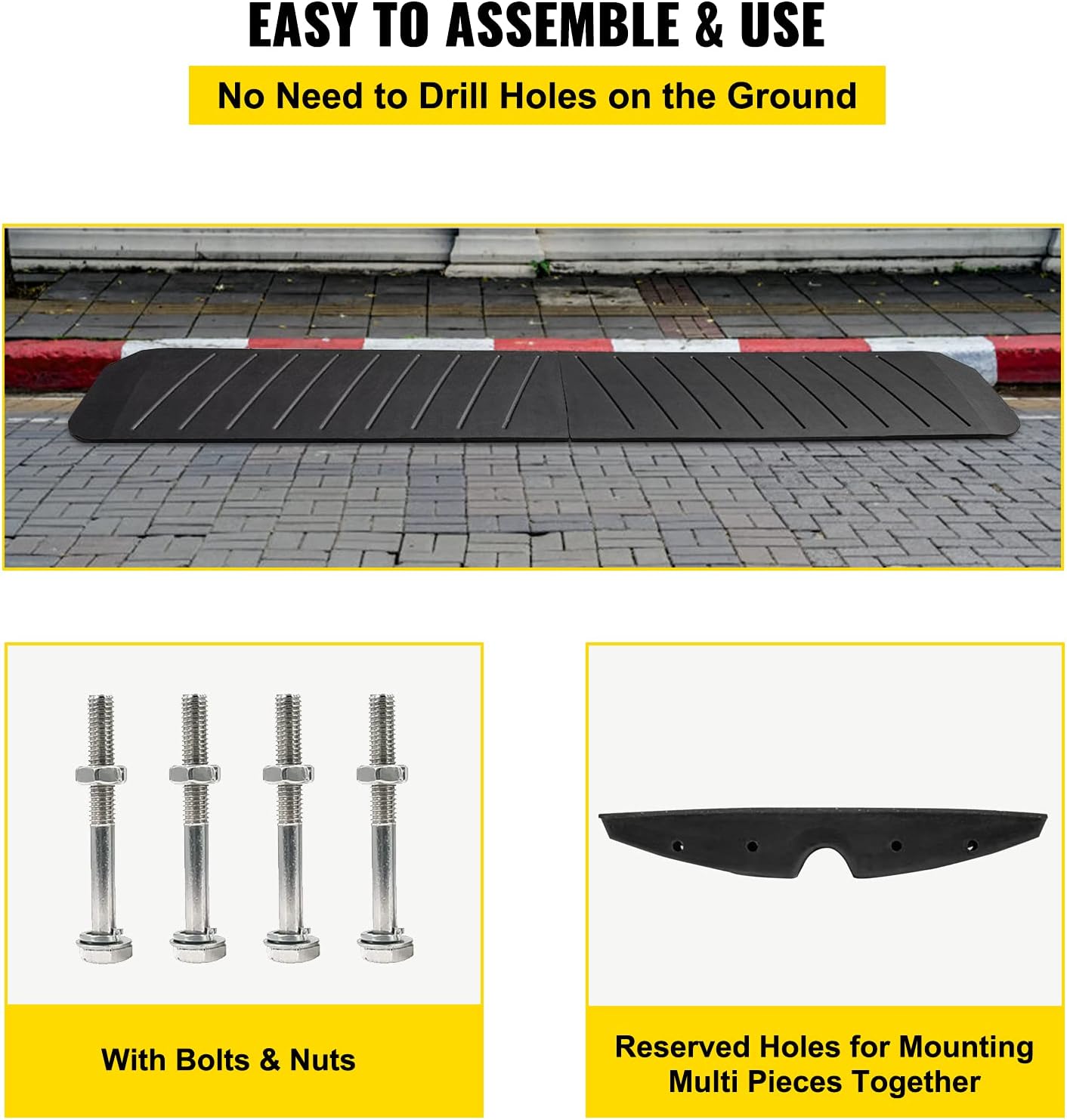 VEVOR Curb Ramp, 2 Pack Rubber Driveway Ramps, Heavy Duty 32000 lbs Weight Capacity Threshold Ramp, 2.6 inch High Curbside Bridge Ramps for Loading Dock Garage Sidewalk, Expandable Full Ramp Set