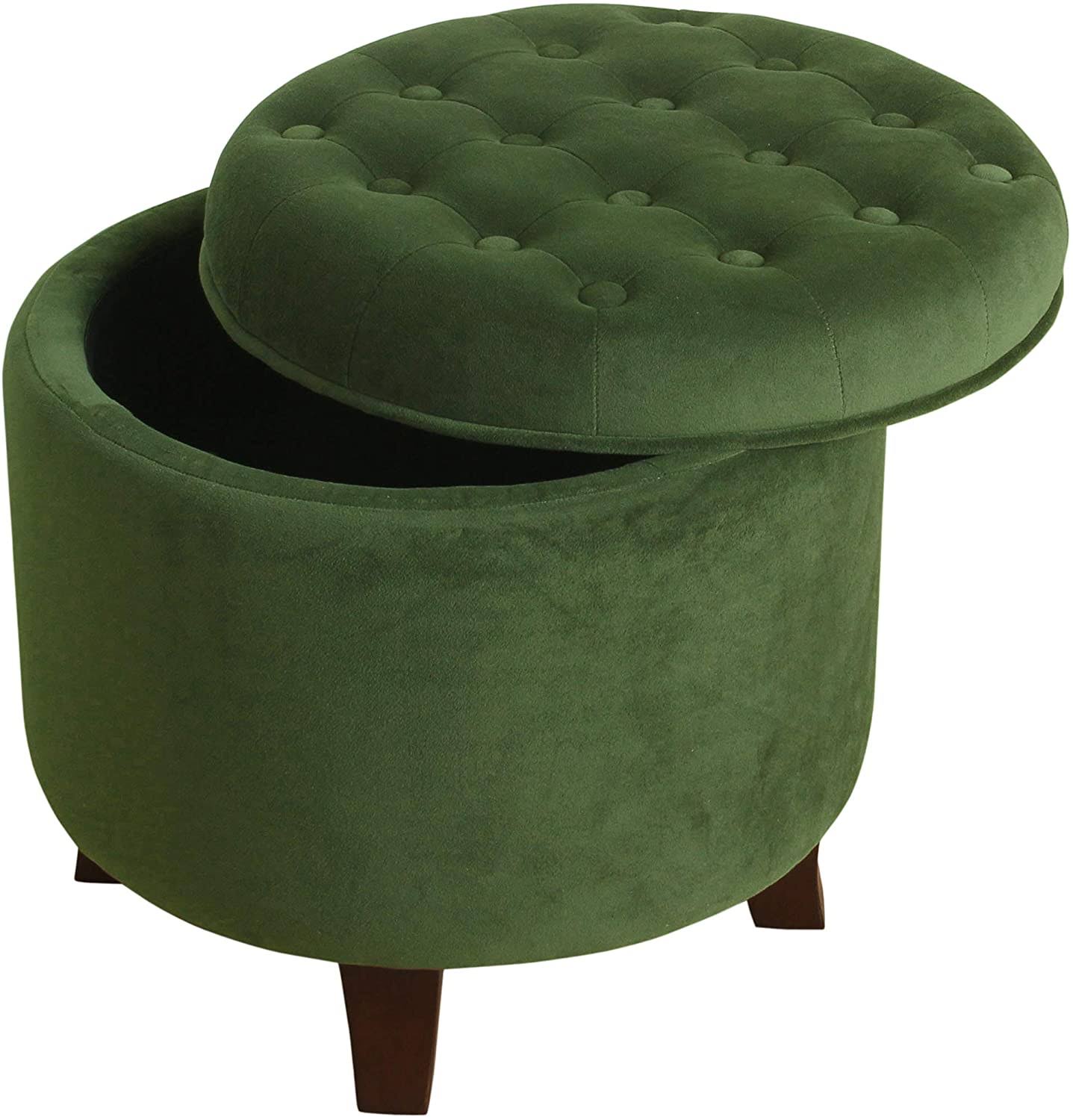 Velvet Forest Green Round Storage Ottoman Solid Casual Glam Transitional Foam Wood Walnut Finish Tufted