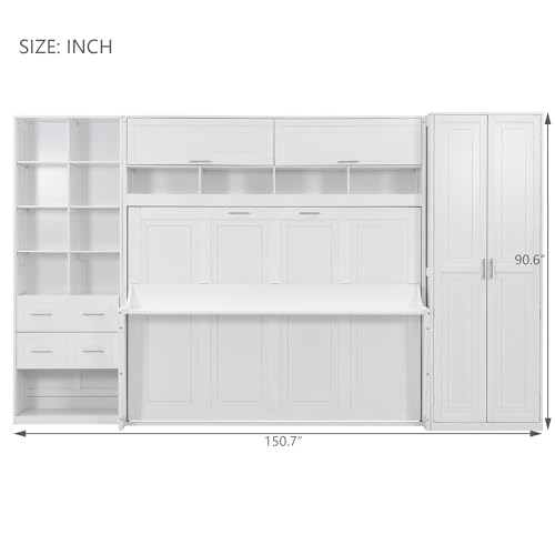 KLMM Wooden Murphy Bed Wall Bed with 2 Wardrobe and Storage Shelf,Foldable Platform Bedframe for Guest-Room Bedroom Study Office Use (White#E, Full)