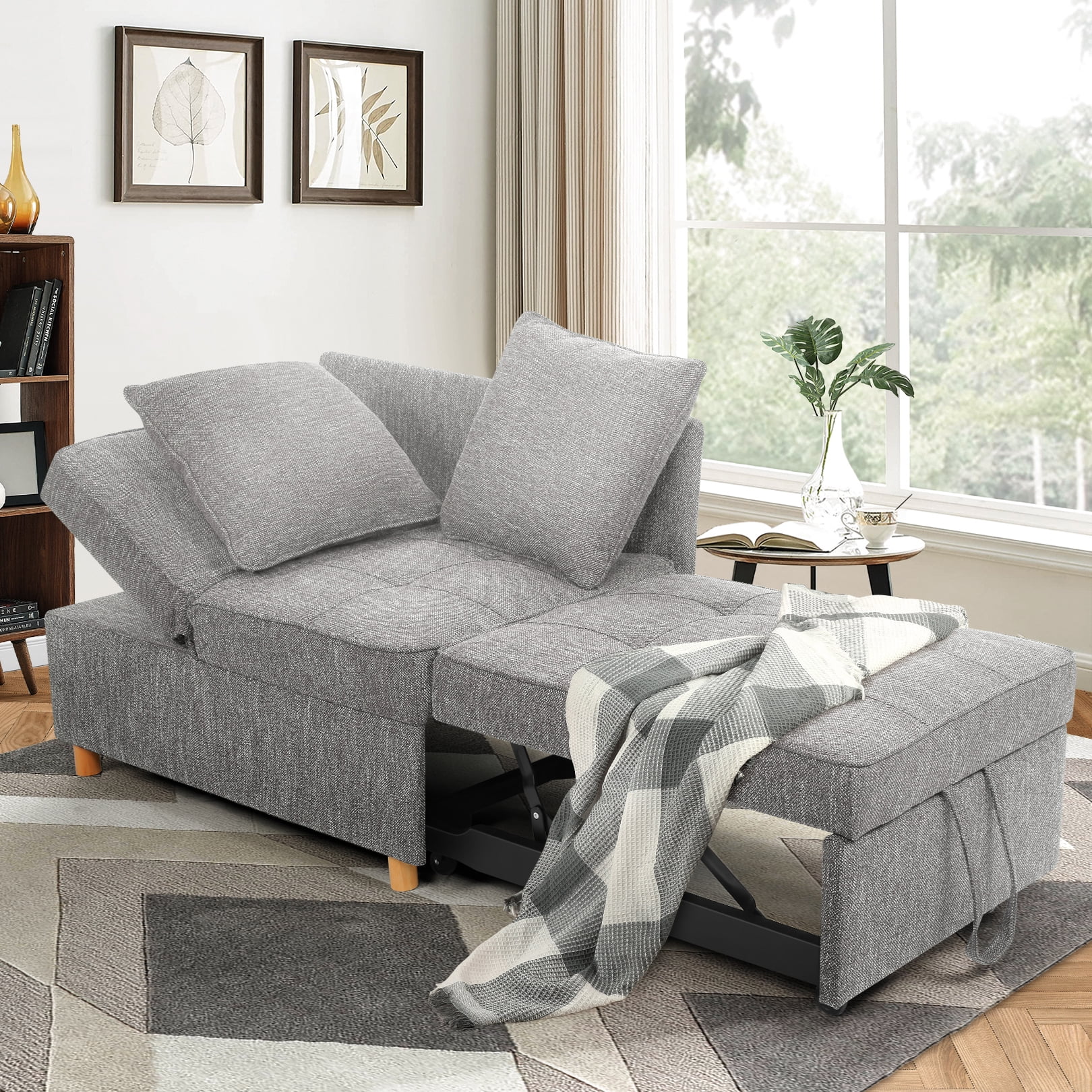 SEJOV Convertible Sofa Bed 4-in-1 Sofa Beds Chair 3-Seat Futon Sofa, Linen Sleep Bed Couch with 5 Adjustable Backrest and Pillows,Living Room Furniture for Apartment Living Room Office，Gray