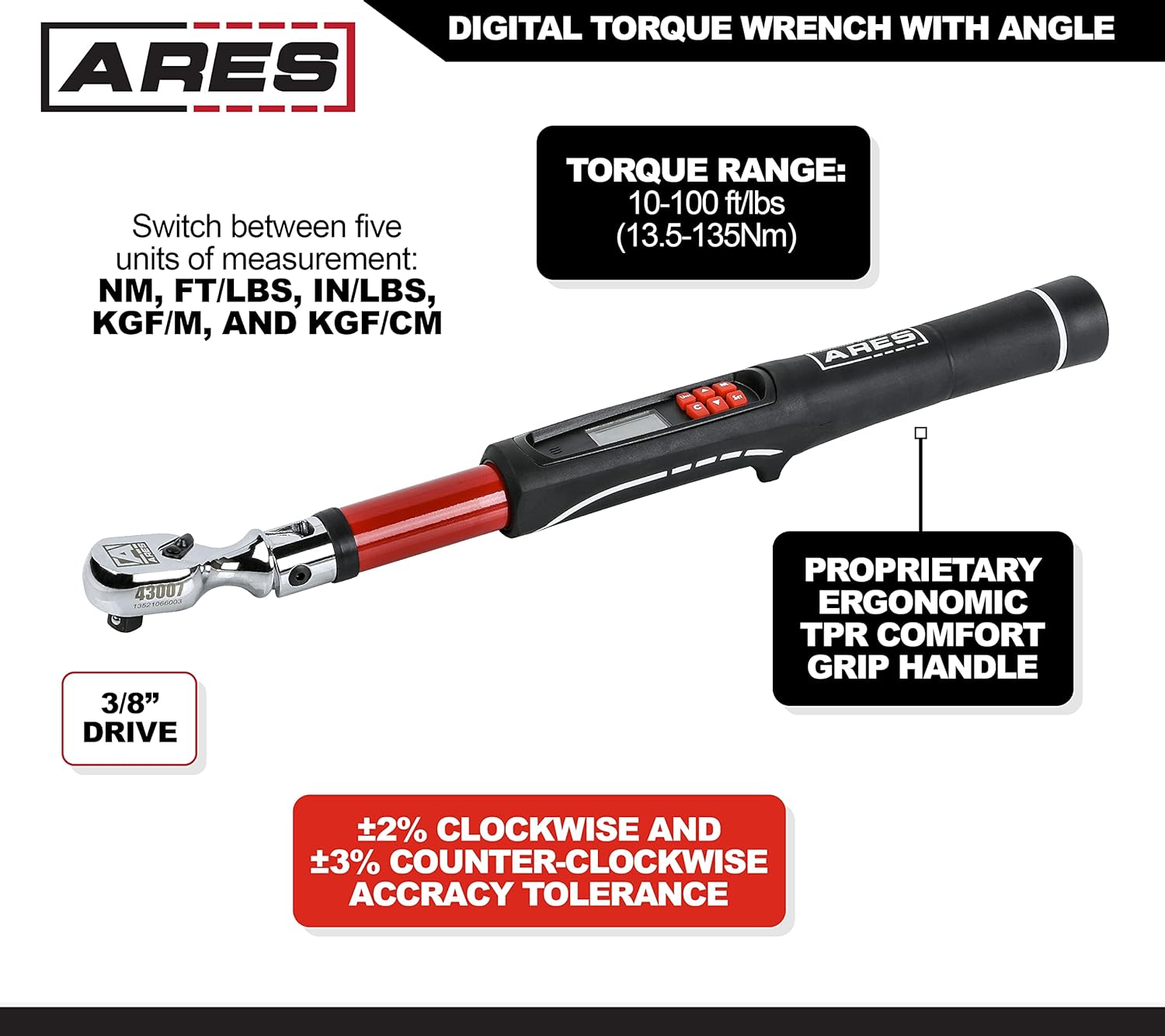 ARES 43007 - 3/8-Inch Drive Flex Head Electronic Digital Torque and Torque Angle Wrench - 10-100 ft/lbs (13.5-135Nm) - +/- 2% Accuracy - Reversible Thumb Switch - Multi-Alert Prevents Over-Torquing