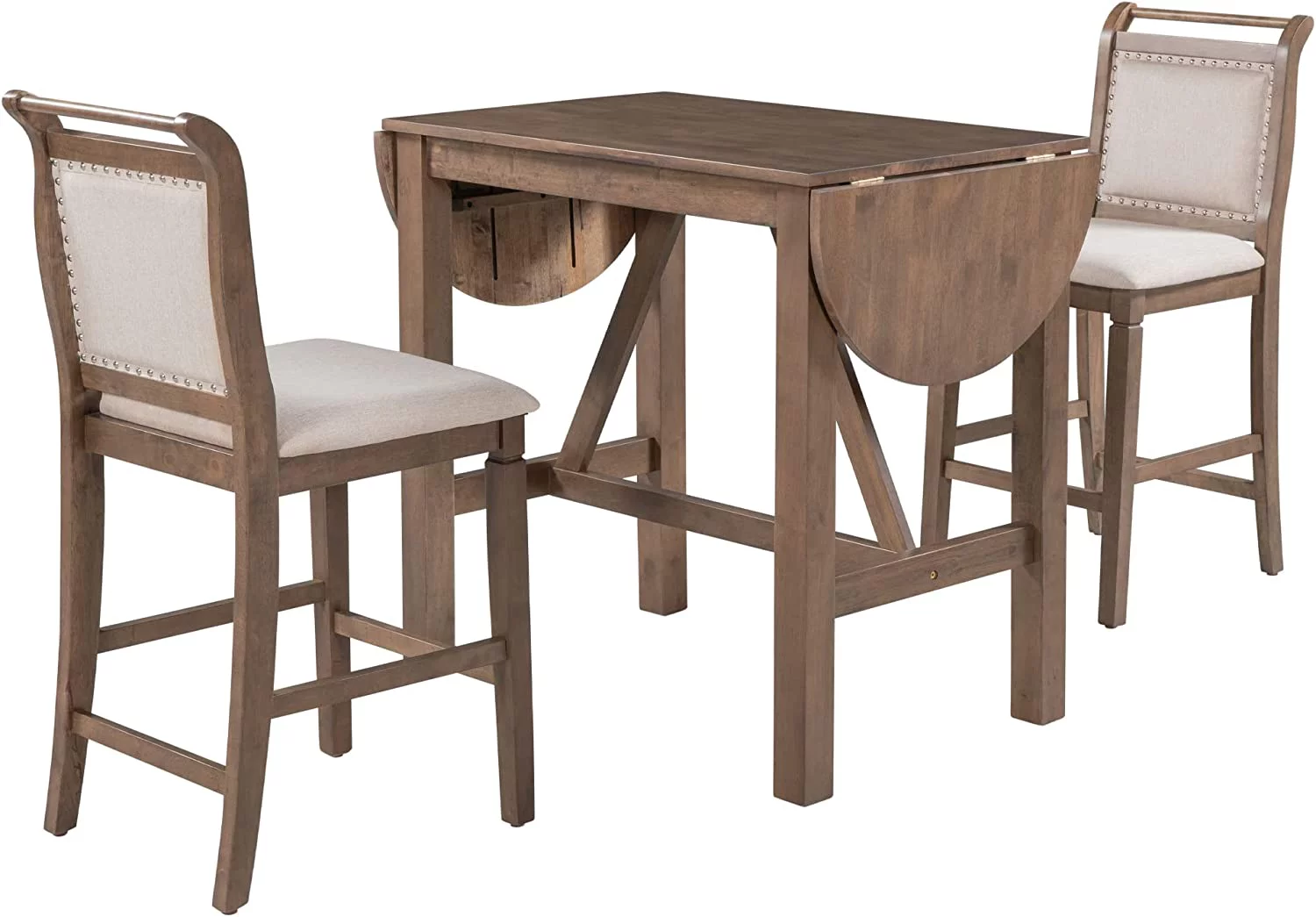 WANHUI 3-Piece Wood Counter Height Dining Table Set, with 2 Upholstered Chairs and Drop Leaf, for Small Space, Dinette, Home Kitchen Breakfast, Bar, Brown