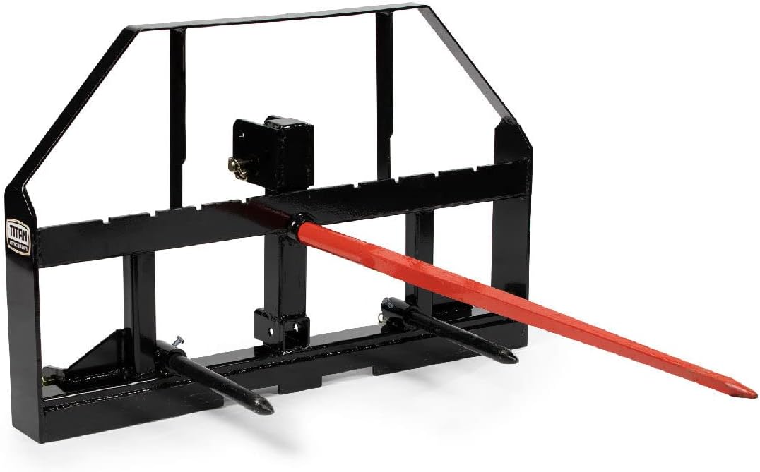 Titan Attachments Pallet Fork Frame Attachment with 49 Hay Spear and Stabilizers, Fits Cat I & II Tractors, Rated 4,000 LB