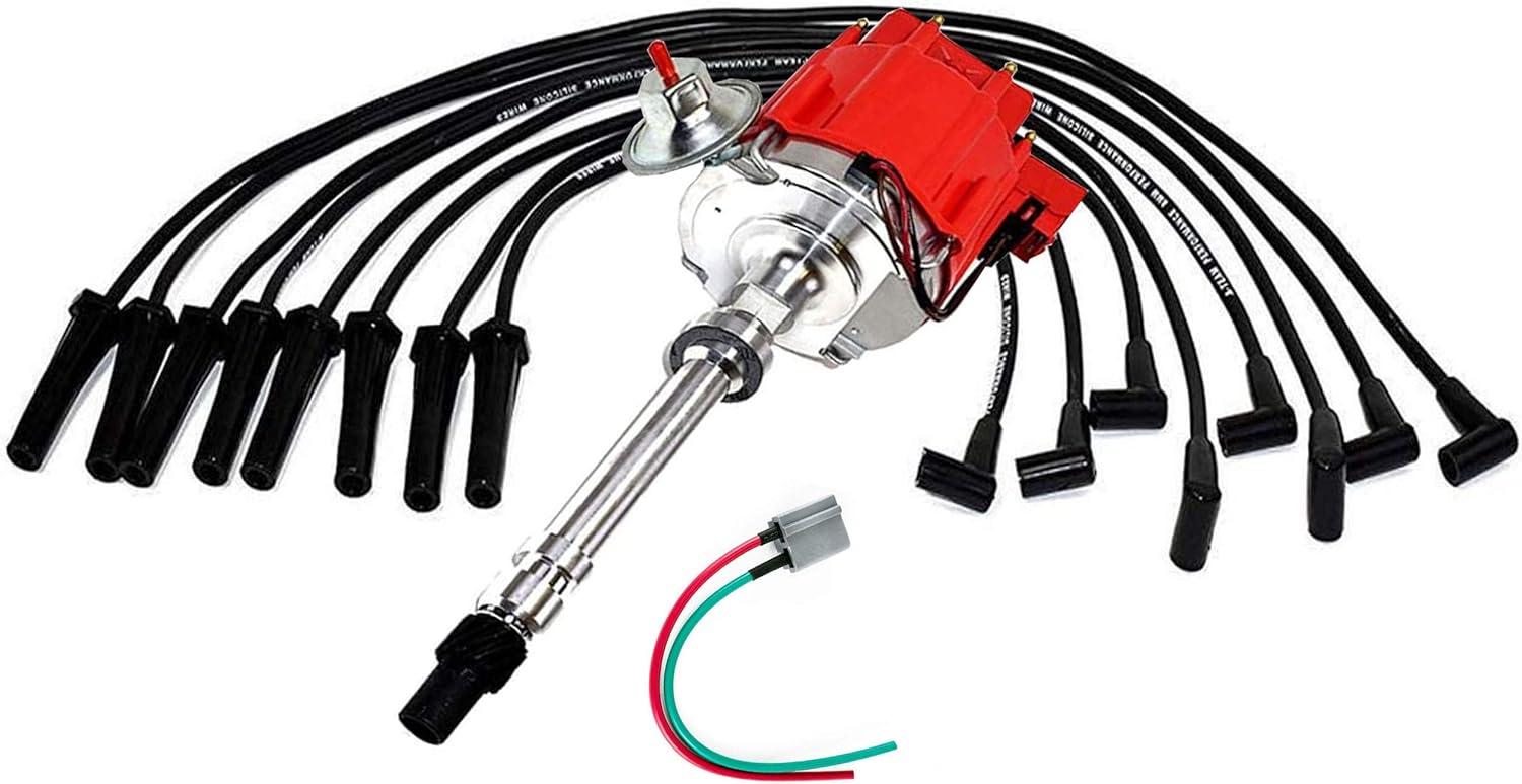 A-Team Performance - HEI Distributor Black Cap with Spark Plug Wires Set Pigtail Harness Complete Kit - Compatible with Chevrolet GM GMC SBC Small Block Chevy 262 265 267 283 302 305 307 327 383 400