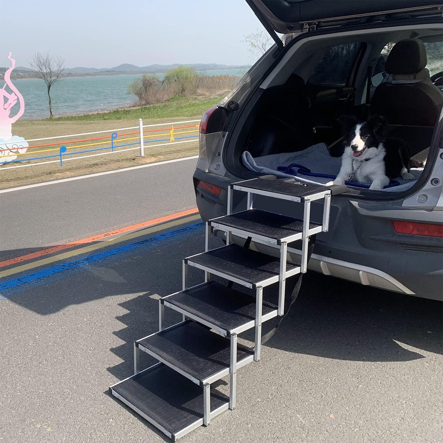 maxpama Folding Dog Car Ramp with Portable Aluminum Fram for Large Dog, Foldable Pet Step Stairs with Nonslip Surface for High Beds, Trucks, Cars and SUV, Lightweight Pet Ladder Support 150-200 Lbs