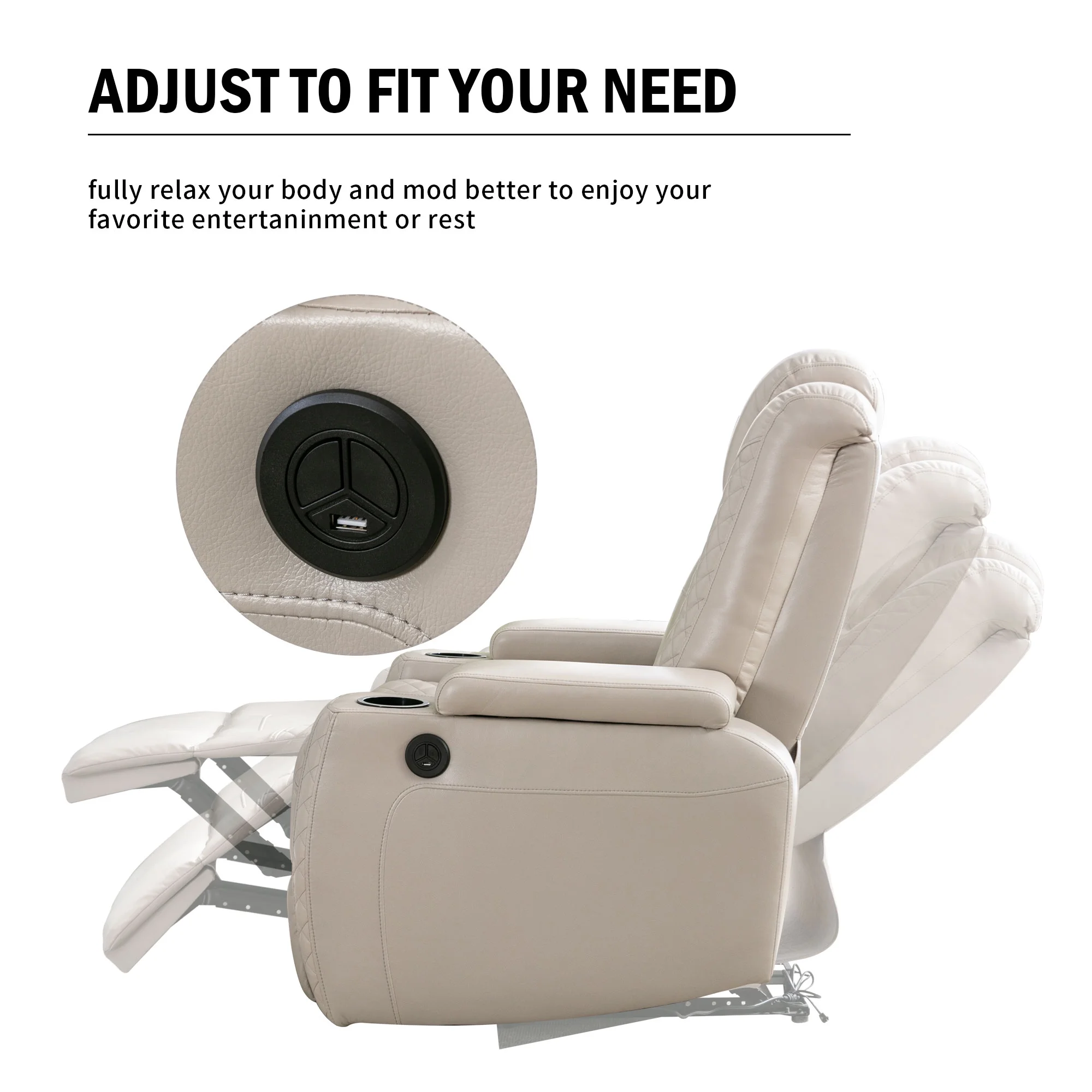 Kbest Power Recliner Chair with Cup Holders and Hidden Arm Storage Leather Home Theater Recliner with with USB Ports