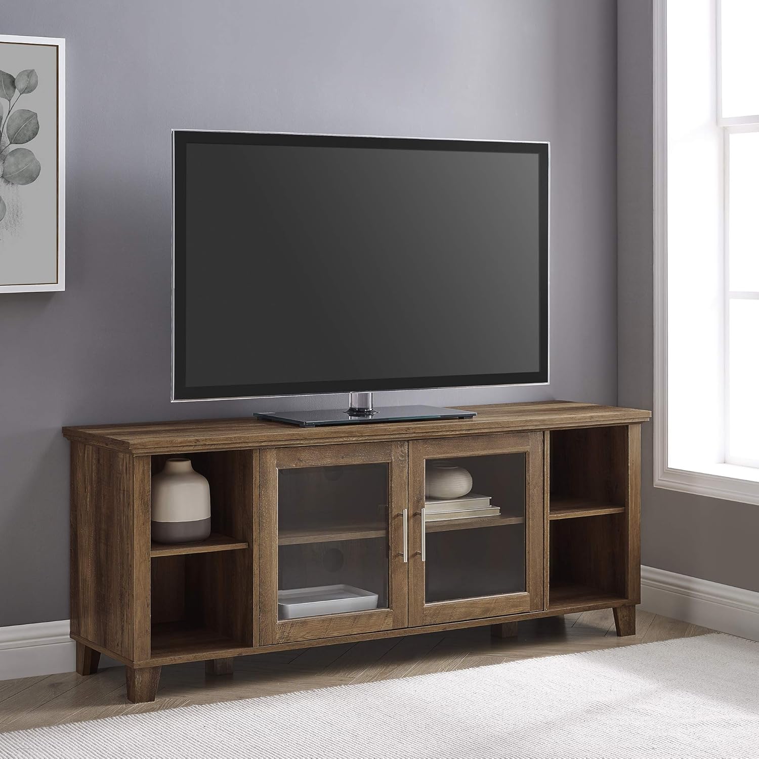Walker Edison Farmhouse Glass and Wood TV Stand for TV's up to 80 Universal TV Stand for Flat Screen Living Room Storage Cabinets and Shelves Entertainment Center, 70 Inch, White Oak