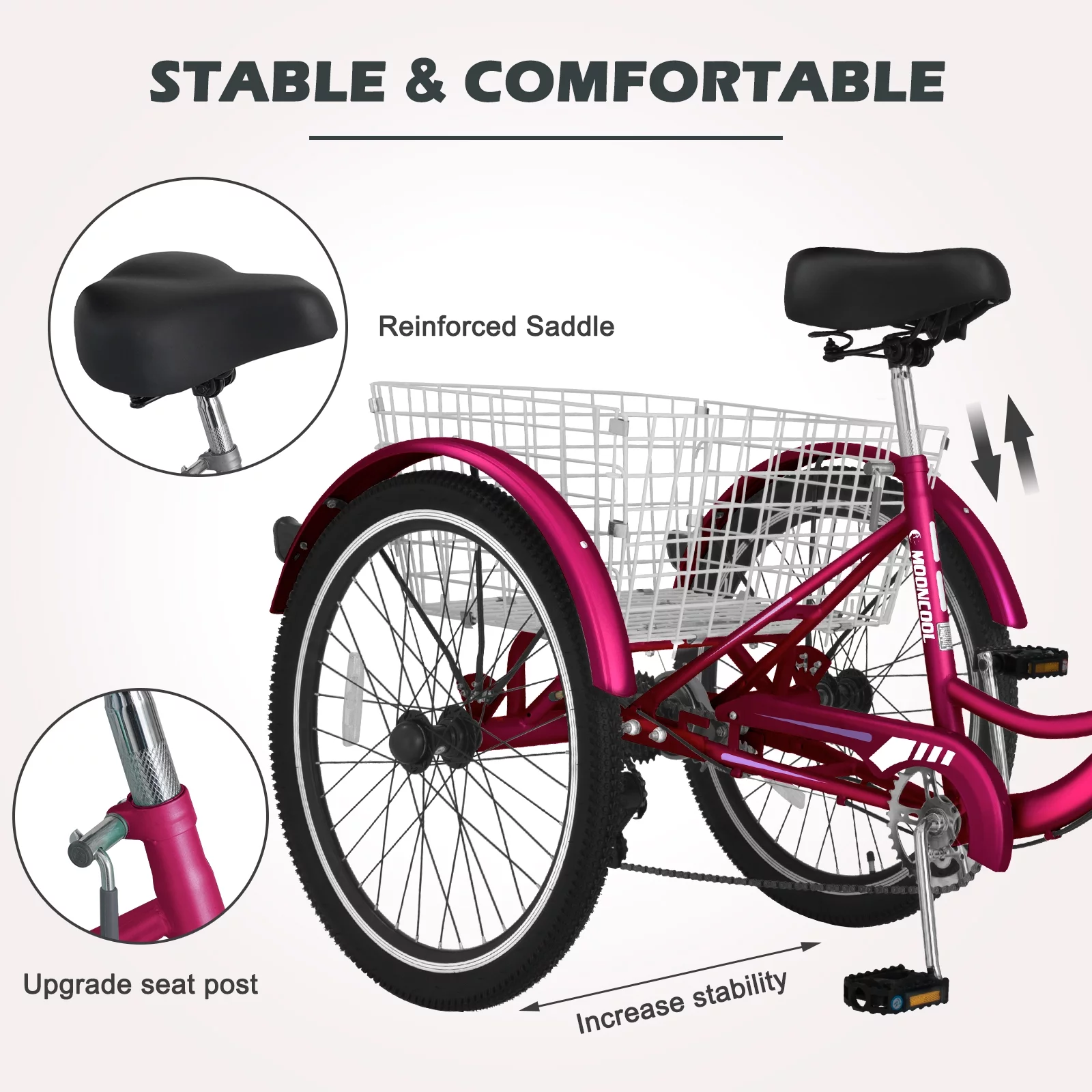 MOPHOTO Adult Tricycles 3 Wheel 7 Speed Trikes, 20/24/26 inch with Big Basket for Shopping, Picnics Exercise Men's Women's Senior's Trike
