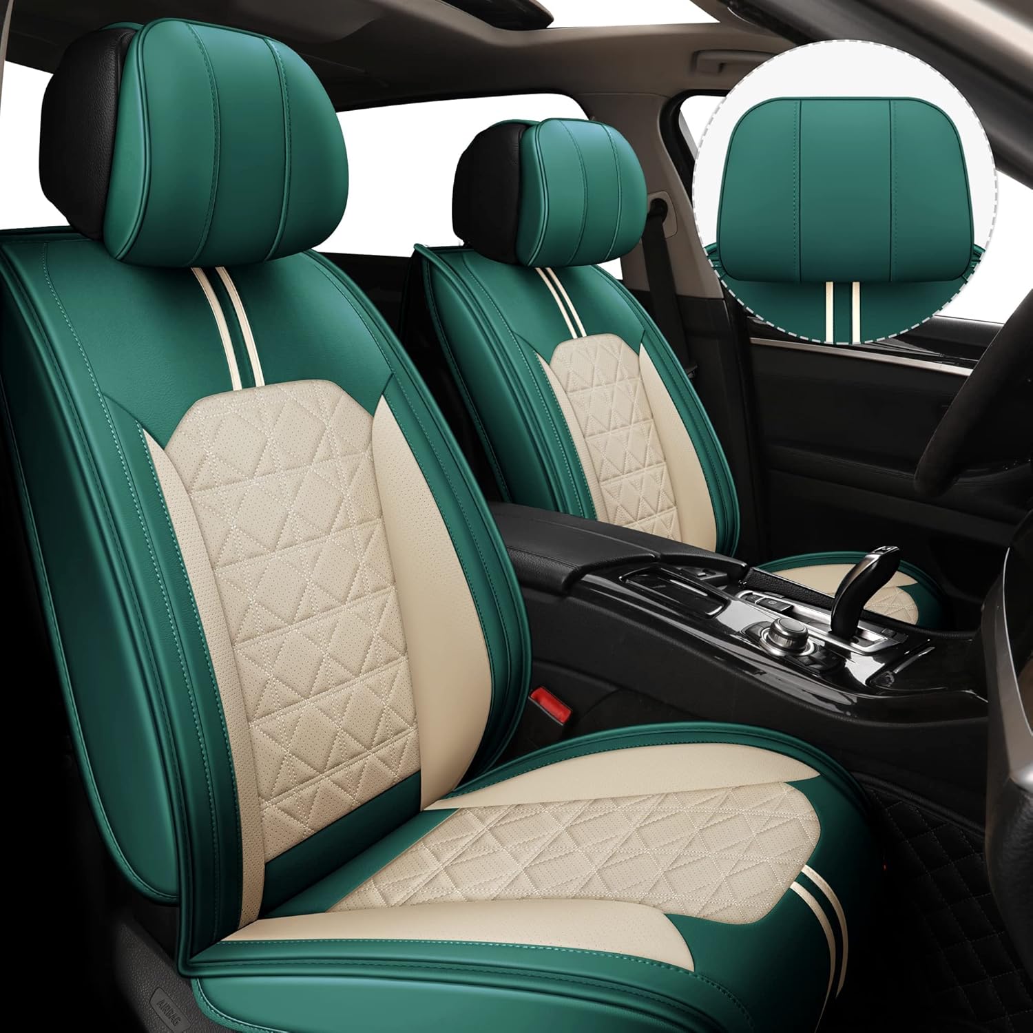 YUHCS Leather Car Seat Covers, 2 PCS Memory Foam Headrest Front Seat Covers, Breathable Automotive Seat Covers for Cars SUV Pickup Truck, Universal Car Seat Cover Vehicle Cushion Cover, Black