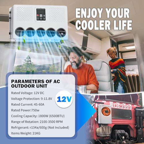 12V Truck Split 12 Volt DC Air Conditioner Electric RV AC Unit, Low Noise Fast Cooling High Efficiency For Semi-Truck, Trailer, Bus, Camper, Pickup, Motorhome
