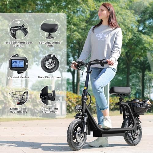 Caroma Electric Scooter with Seat,1200W Peak Motor,LED Display & 3 Speed Modes,30 Miles Max Range,Height Adjustable Seat & Foldable Electric Scooter with Basket,Front Suspension & Storage Hook