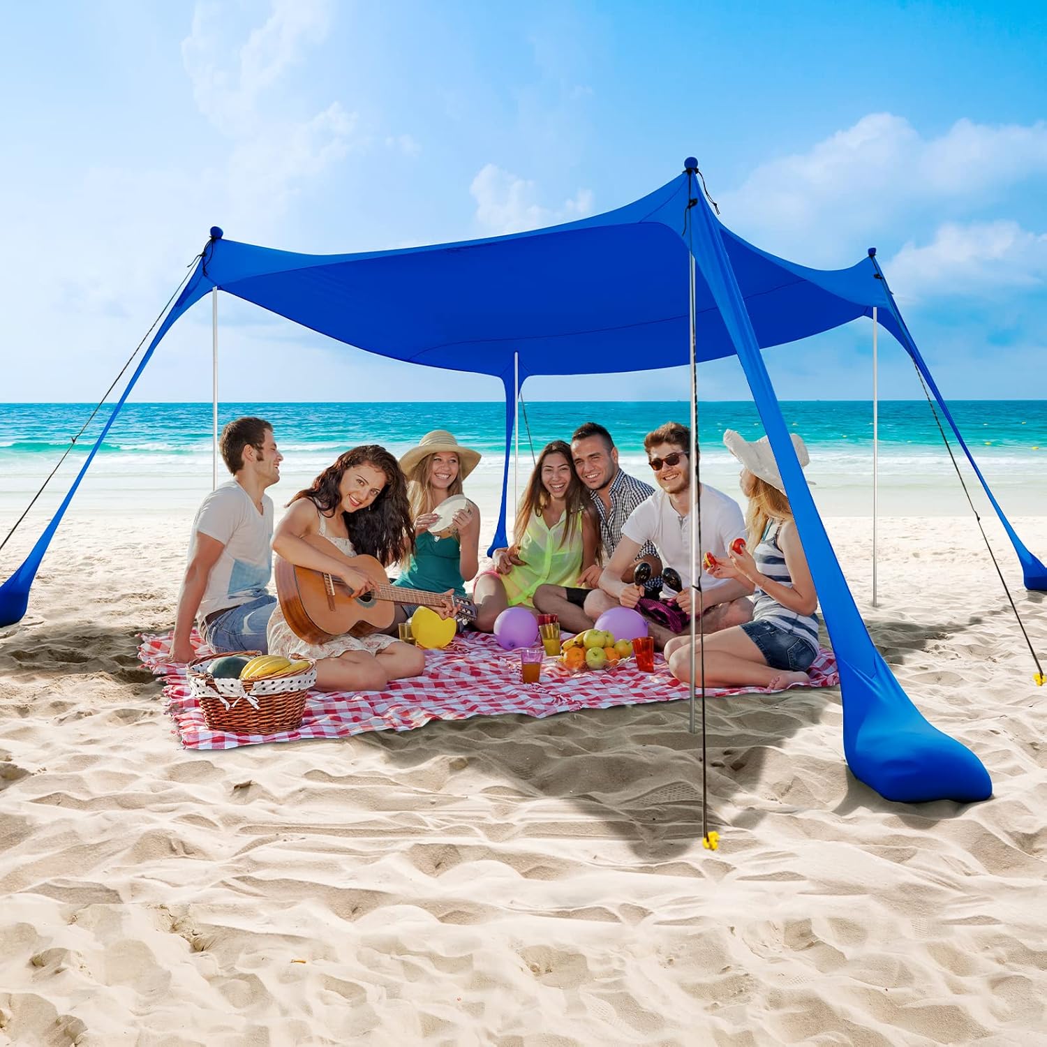 COMMOUDS Beach Tent Canopy with 4 Aluminum Poles, UPF50+ Pop Up Beach Sun Shade, Portable Beach Sun Shelter, Easy Set Up for Beach, Camping, Fishing, Backyard and Outdoor