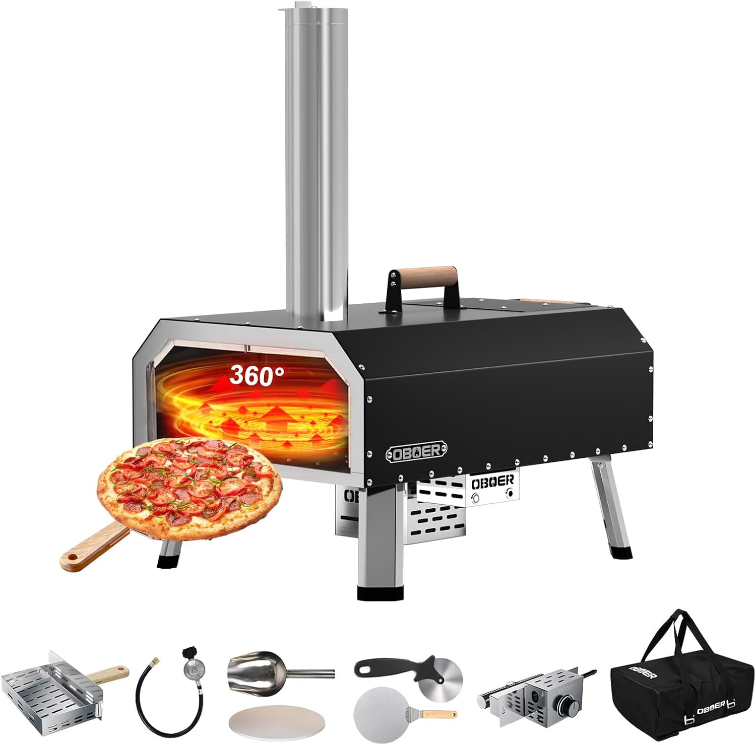 Multi-Fuel Pizza Oven Outdoor with 360°Auto Rotate, 13” Gas Propane & Wood Fired Pizza Maker, Stainless Steel 3-Layer Oven, Portable Pizza Maker with Built-in Thermometer