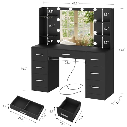 Quimoo Large Vanity Desk with LED Lighted Mirror & Power Outlet,Makeup Vanity Table with 7 Drawers,4 Shelves and 5 Hooks,Vanity Table, Vanity Desk Set for Bedroom,Bathroom,White