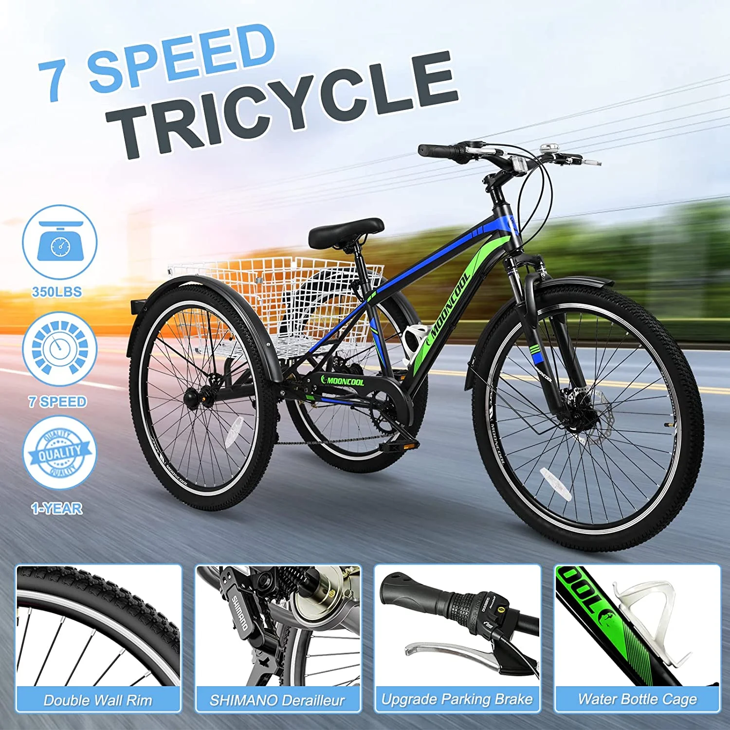 Lilypelle Adult Mountain Tricycle 24/26/27.5 Inch Low step through Mountain Bike Cruiser Trikes for Adults 7 Speed Three Wheel Trike Bike Bicycle with Large Basket