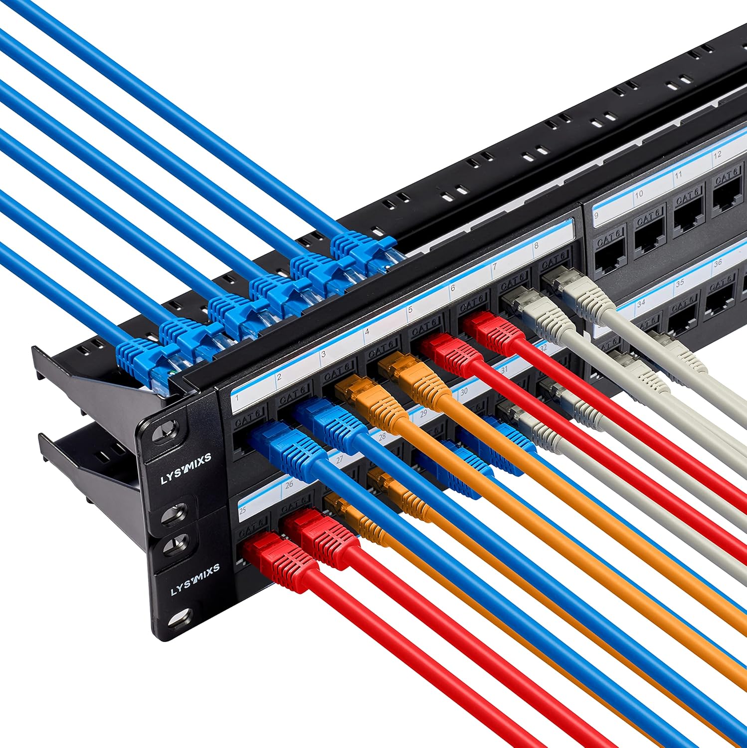 Lysymixs 24 Port RJ45 Patch Panel Cat6 Feed Through, Coupler Network Patch Panel 19 Inch, Inline Keystone Ethernet Patch Panel with Back Bar Pack of 2
