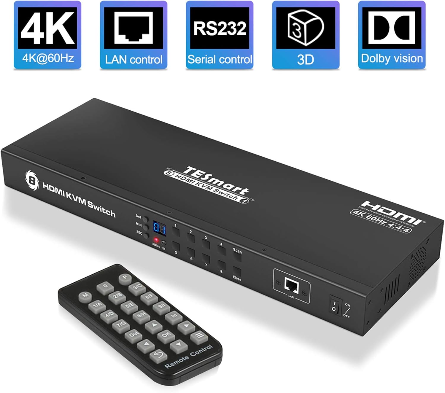 TESmart 8X1 HDMI KVM Switch 8 Port Enterprise Grade Support 4K@60Hz Ultra HD | RS232 | LAN Port | IP Control | Auto Scan | Rackmount [Control up to 8 PCs w/One Video Monitor, Keyboard, Mouse]