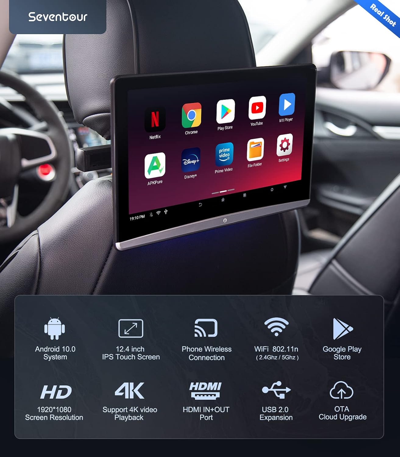 12.4"Android 4K Portable TV for Cars，Car Headrest Monitor Tablet for back seat, Support Phone Wireless Mirror Link Touch Screen,with WiFi/Bluetooth/HDMI/USB/Airplay Video Player 2G ram+16G rom (2*pcs)