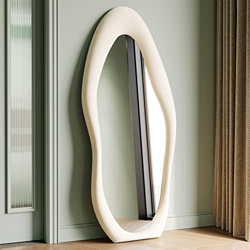 Honyee Full Length Mirror, 63" x 24" Wall Mirror, Flannel Wrapped Wooden Frame Floor Mirror, Irregular Wavy Mirror Hanging or Leaning Against Wall for Cloakroom/Bedroom/Living Room, Milk Tea