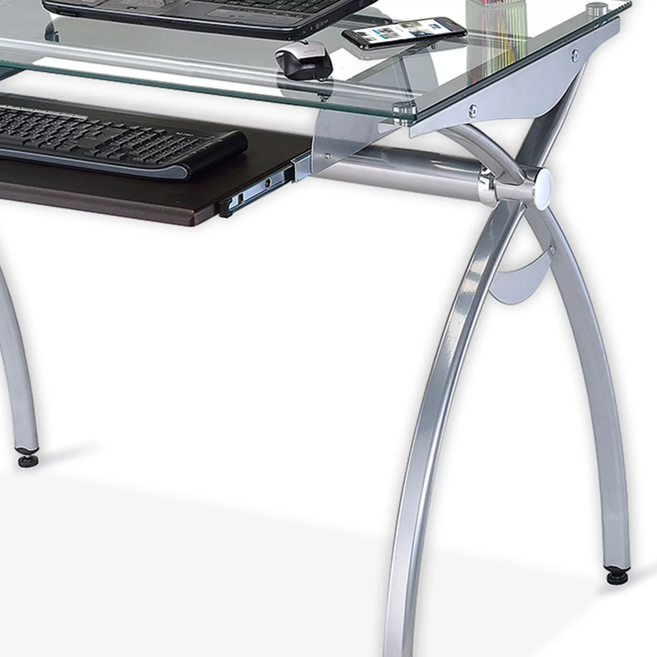 Techni Mobili Glass Top Computer Desk with Keyboard Tray & Silver Legs for Home Office or Study