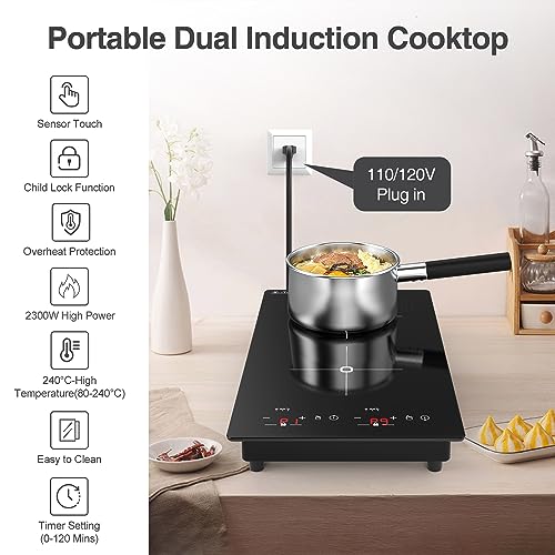 VBGK Induction Cooktop, Induction Stove Top with Large LCD Sensor Touch, Induction Hot Plate with 9 Temperature Levels, Child Safety Lock & Timer