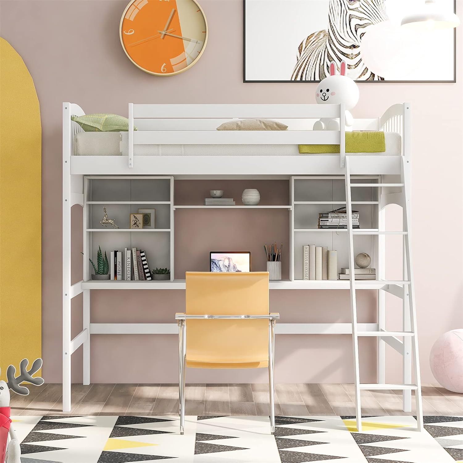Kids Loft Beds, Twin Loft Bed with Desk, Wood High Loft Bed with Bookcase Shelves for Dorm, Boys & Girls Teens Adults, White
