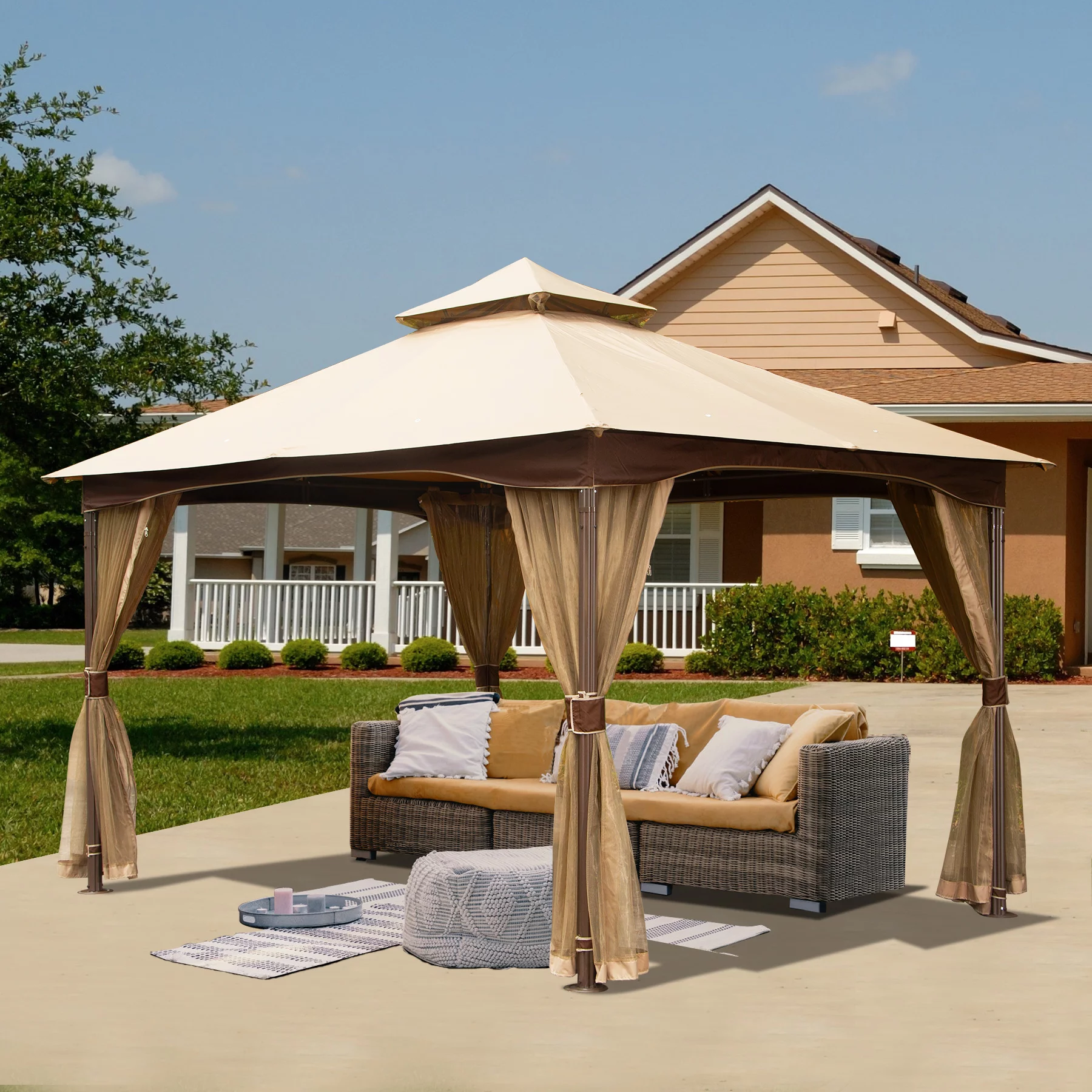 Domi Outdoor Living 10'x13'Patio Gazebo Outdoor Ventilation Double Roof Gazebo with Mosquito Netting for Patio,Lawn and Garden, Brown