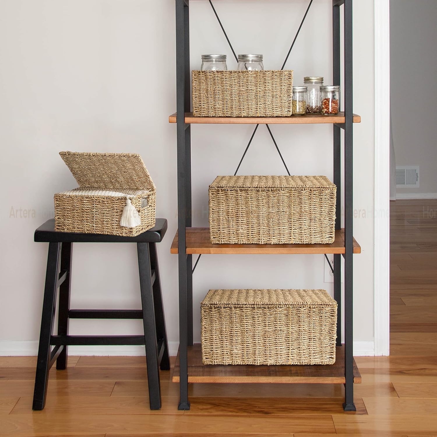 Artera Wicker Storage Basket - Set of 3 Woven Seagrass Baskets with Lid and Handle for Organizing, Large Rectangular Natural Nesting Storage Bins for Bedroom, Bathroom, Laundry Room (Set of 4) Pack of 2