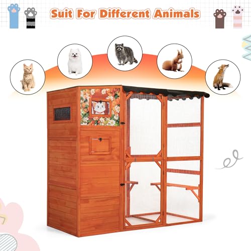 COZIWOW Large Wood Cat Catio, Outdoor Enclosure with Weatherproof Roof, 2 Resting Rooms, 2 Platforms, 4-Tier Cat Playpen, Orange
