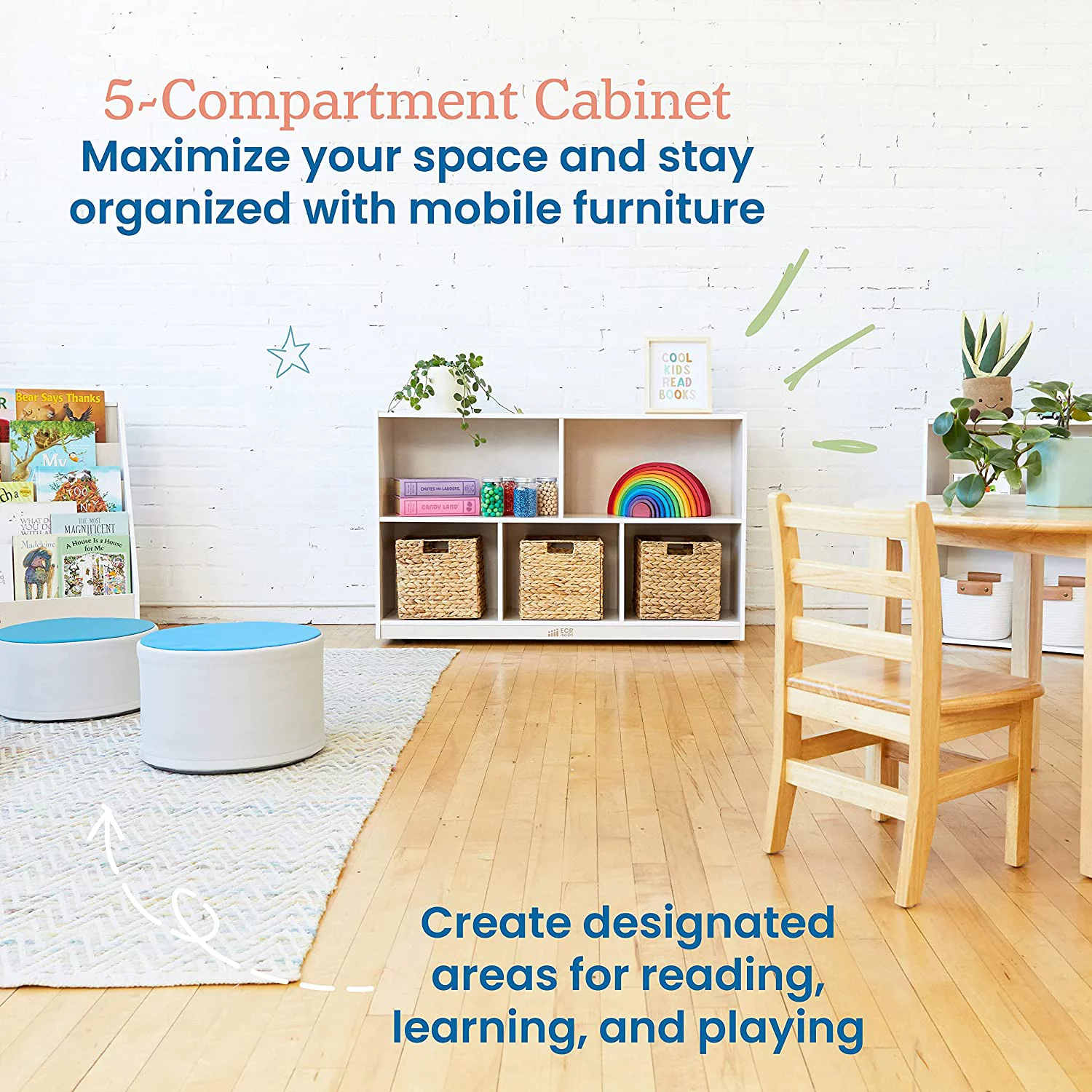 LIHONG 5-Compartment Mobile Storage Cabinet, 30in, Classroom Furniture, White Wash