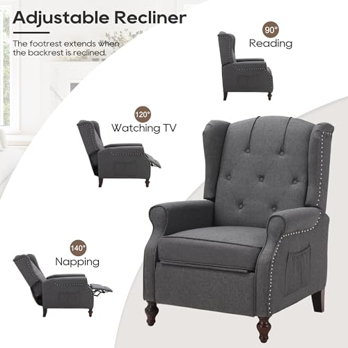 Wingback Recliner Chair with Massage and Heat, Tufted Fabric Pushback Recliner Chair, Wingback Chair with Remote Control, Padded Cushion, Wooden Legs, Small Recliners for Small Spaces