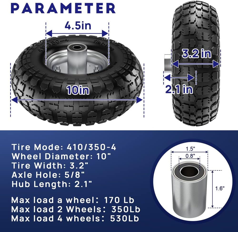 Winisok 4.10/3.50-4 Tire Wheels Flat Free, 10" Heavy Duty Solid Replacement Tire with 5/8&rsquo;&rsquo; Bearings for Wagon/Gorilla Carts/Wheelbarrow/Hand Truck/Generators (4 Pack)