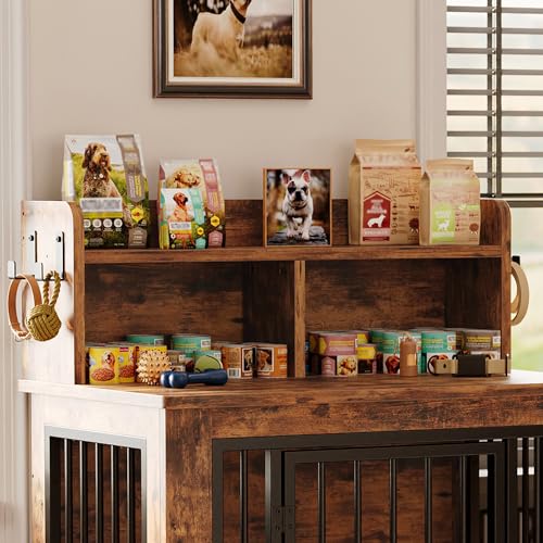 IRONCK Extra Large Dog Crate Furniture, 43.3 inches Wooden Dog Crate with Storage and 4 Hooks, Heavy Duty Pet Crate for Large Dog, Decorative Pet Cage for Indoor (30" L x 43.3" W x 41.1" H)