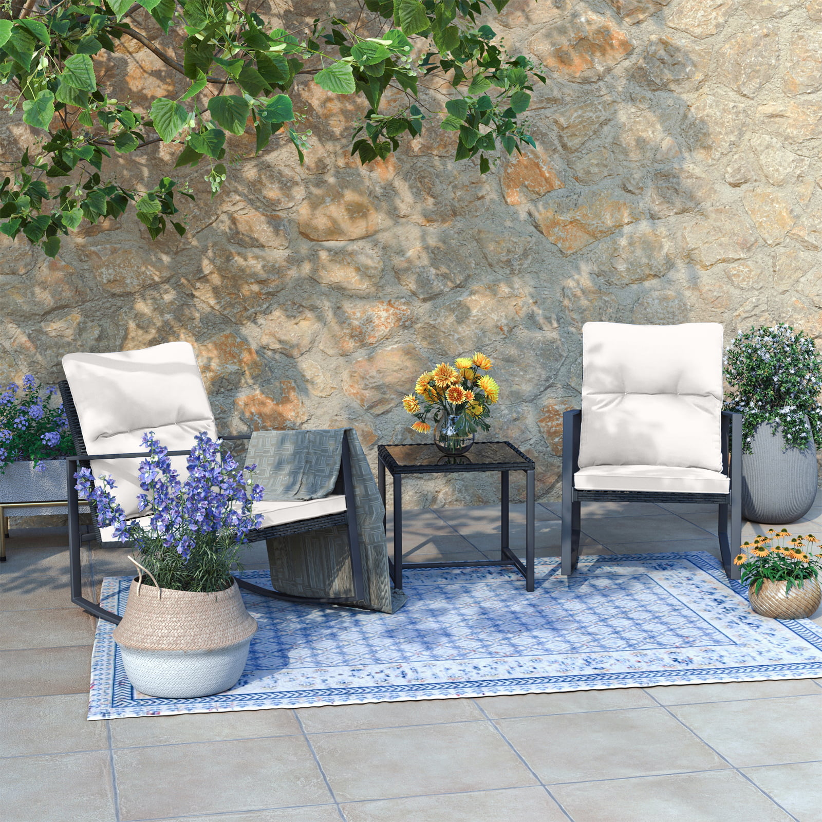 COSIEST 3 Piece Bistro Set Patio Rocking Chairs Outdoor Porch Furniture w Off-White Cushions