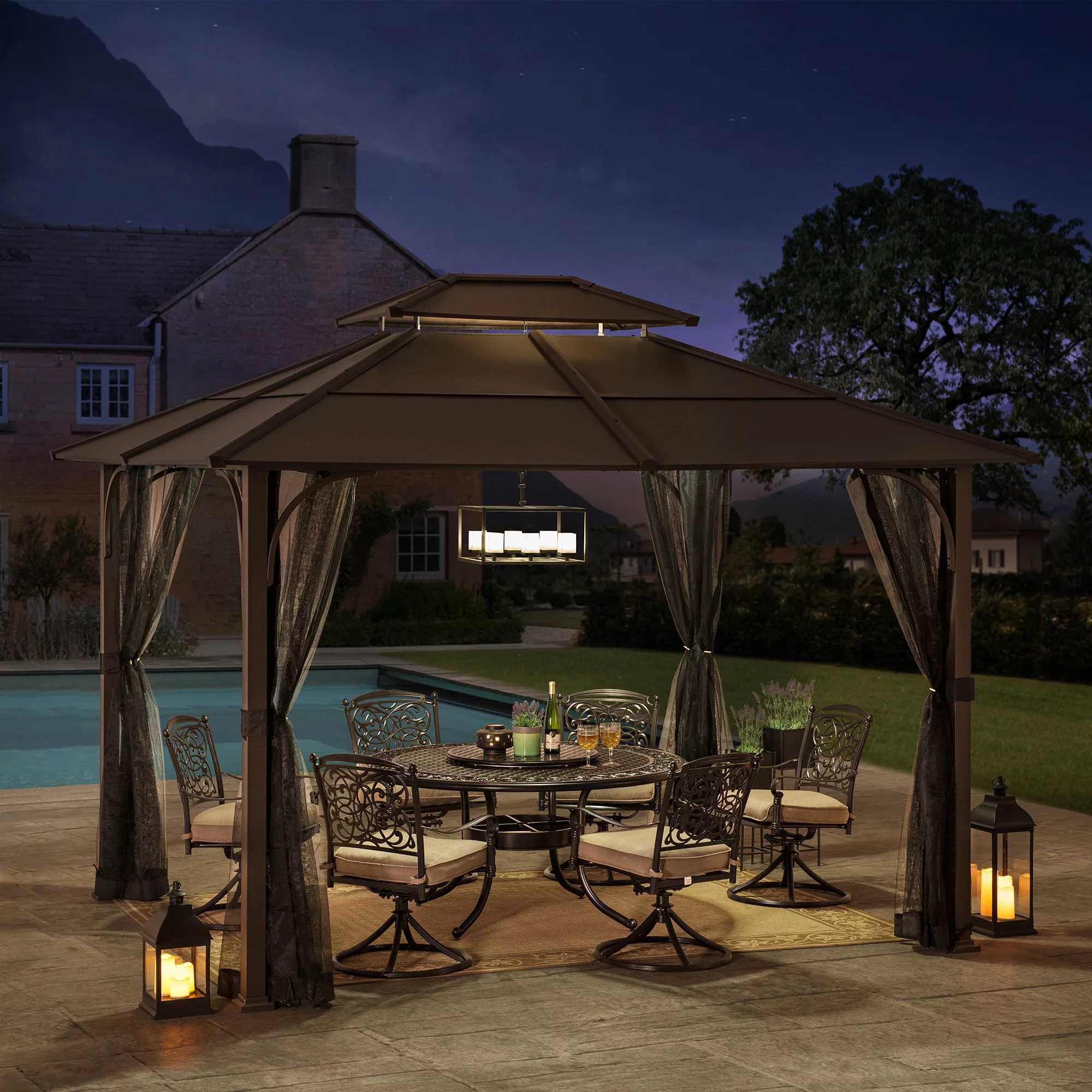 Sunjoy Lindsay Outdoor Patio 10x12 ft. Brown Steel Frame 2-Tier Hardtop Roof Gazebo with Ceiling hook and Netting