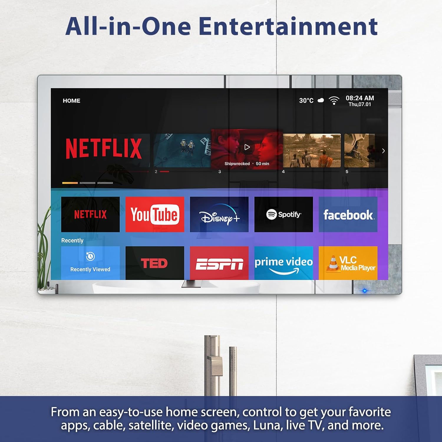 Haocrown 32 Inch Smart Bathroom TV 4K Ultra HD Android TV IP66 Waterproof Smart Mirror TV Google Assistant Built-in with Voice Remote,ATSC Tuner, Suitable for Bathroom Sauna(Silver Frame,2024 Model)