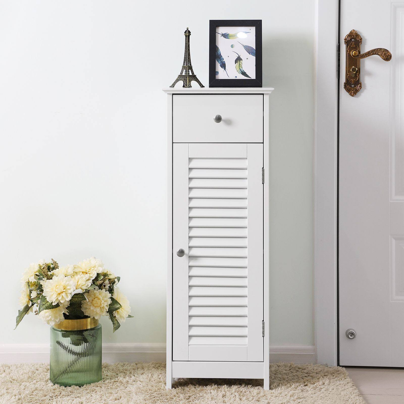 VASAGLE Bathroom Floor Cabinet Storage Organizer Set with Drawer and Single Shutter Door Wooden White