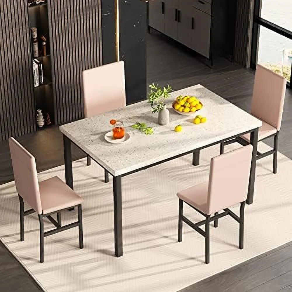 HJZBNONE 5-Piece Faux Marble Kitchen Table &amp; Chair Set  4 PU Metal Frame Chairs for Small  Modern Compact Space for Home  Breakfast Nook Cafeteria Dining Room w/ Racks  01 Coffee