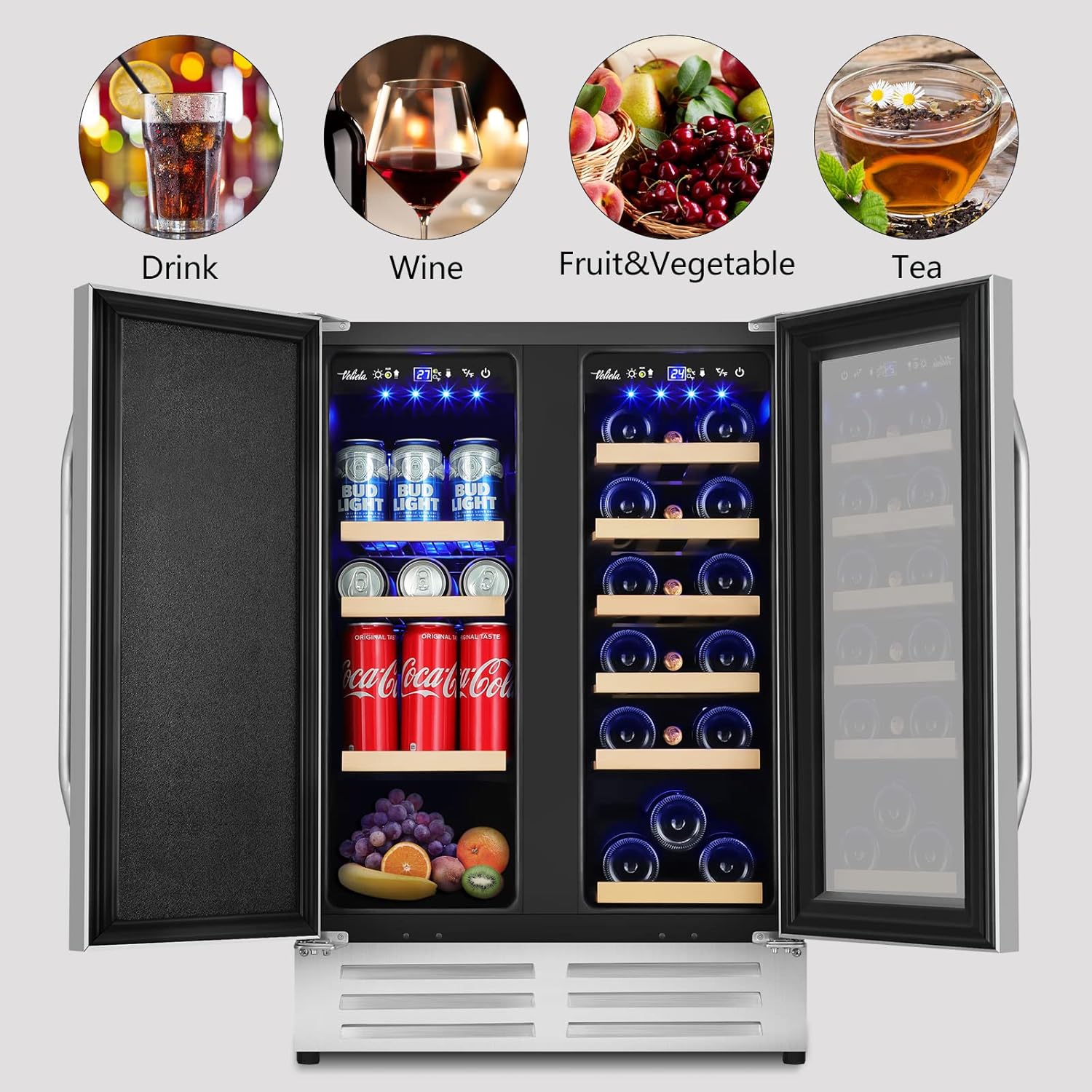 Outdoor Wine and Beverage Refrigerator,24 Inch Dual Zone Wine Beverage Cooler, Built-in/Freestanding Beer and Wine Fridge with a Powerful Compressor, 20 Bottles and 88 Cans Capacity
