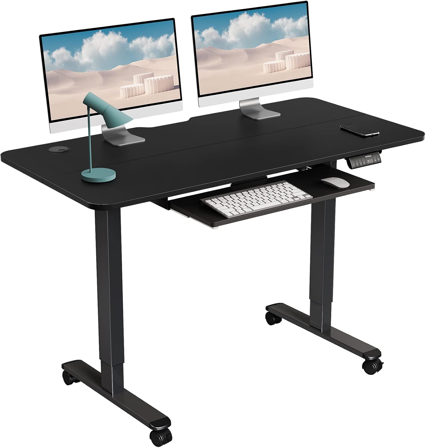 WOKA Electric Standing Desk Adjustable Height, 48 x 24 Inches Stand up Desk with Keyboard Tray, Sit Stand Desk with Memory Controller for Home Office, Motorized Desk with Splice Board, Black