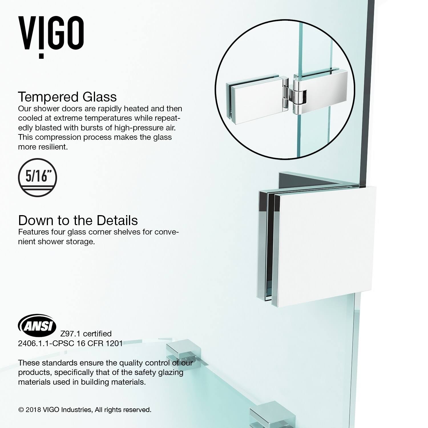 Vigo Seneca Adjustable Frameless Hinged Shower Door in Chrome, 74x22H