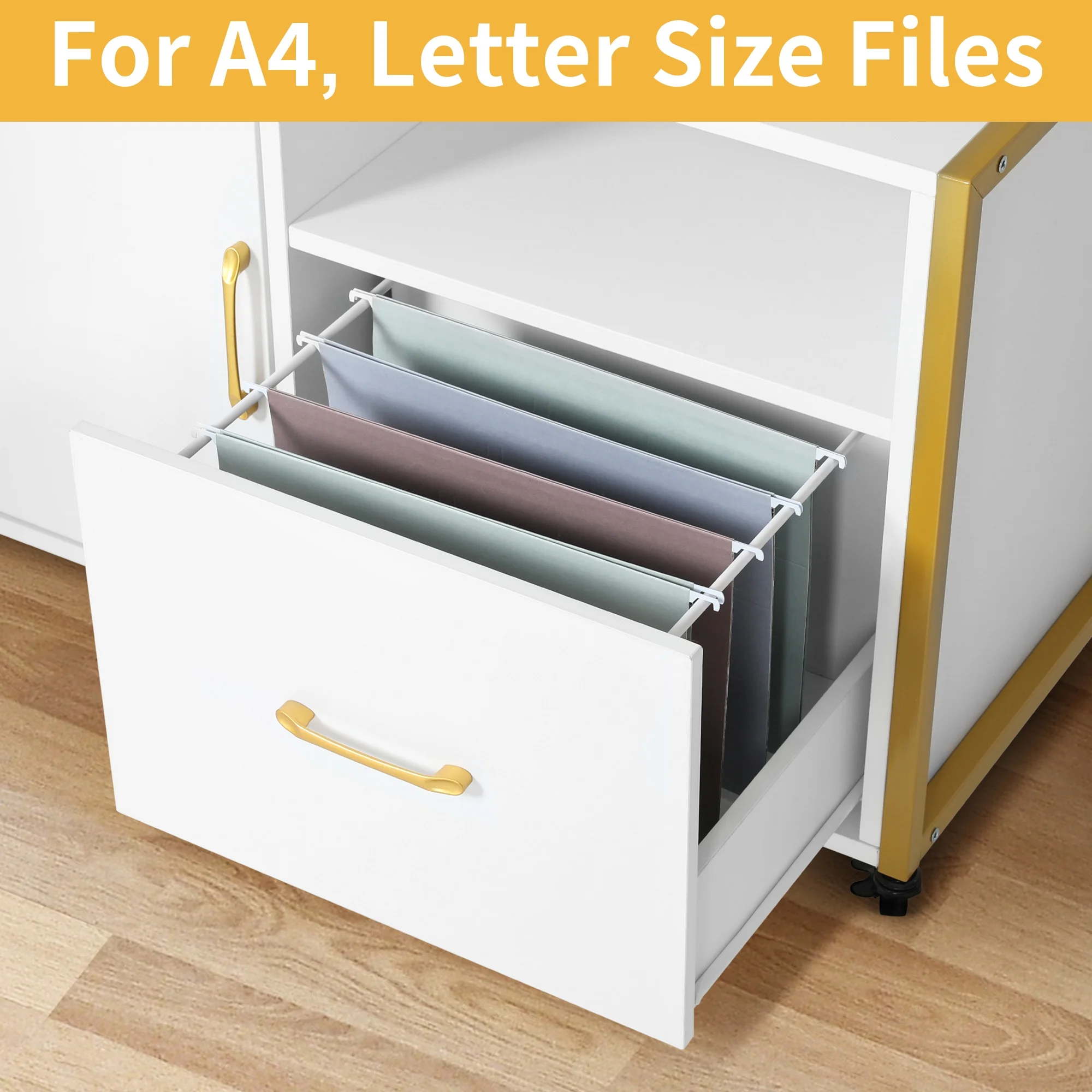 DWVO Wood File Cabinet with Charging Station, Rolling Lateral Filing Cart with Door & Printer Shelf for A4 Letter Size Files for Home Office, White