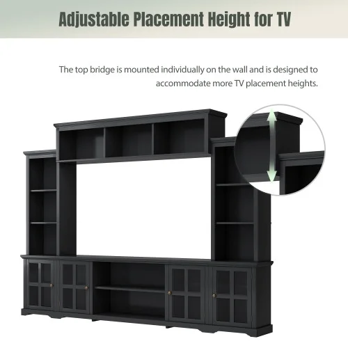 Minimalism Style Entertainment Wall Unit with Bridge, Modern TV Console Table for TVs Up to 70", Multifunctional TV Stand with Tempered Glass Door, Black