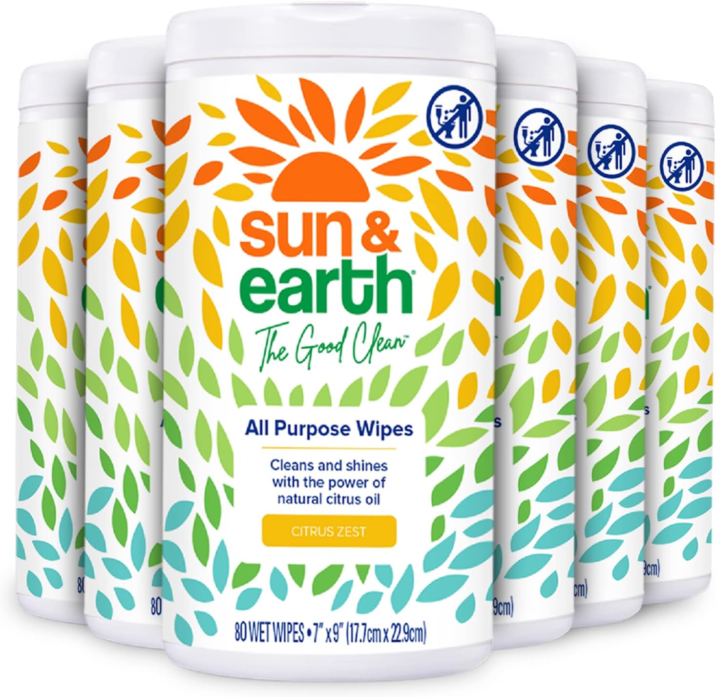 All Purpose Cleaner Wipes Bulk by Sun & Earth, 480 total wipes, Pack of 6, All Natural Citrus Scent, Plant Based Ingredients, Safe on all Household hard surfaces, No Phosphates, Parabens or Sulfates Pack of 2