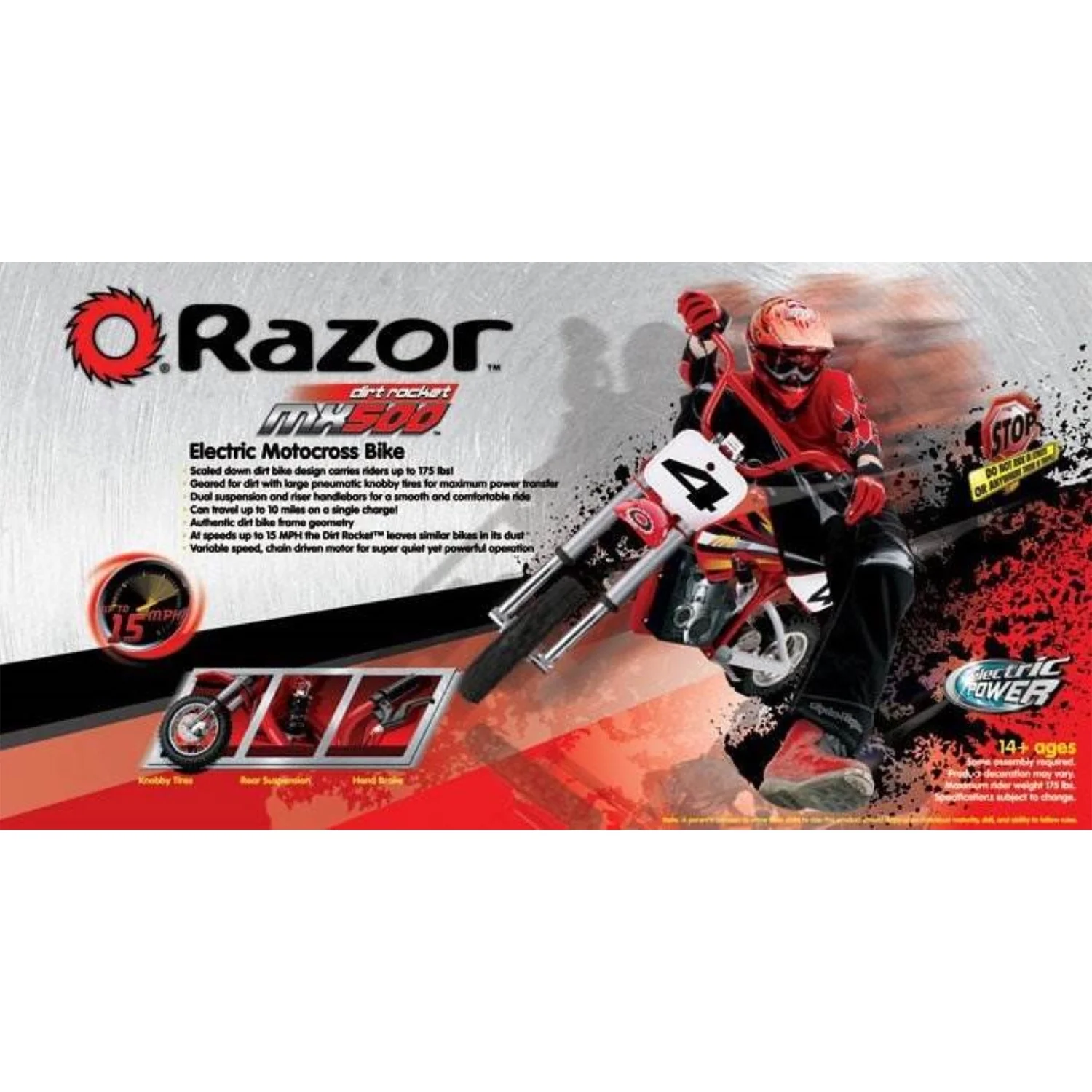Razor MX500 Kids Dirt Rocket Supercross 15 MPH Electric Bike Motorcycle, Red
