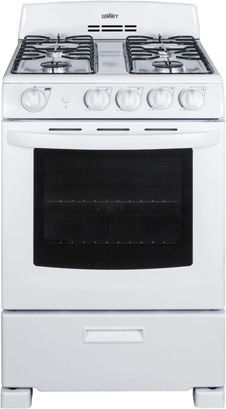Summit RG244WS 24"" Freestanding Gas Range with 2.9 cu. ft. Oven Capacity Electronic Ignition High Backguard Broiler Drawer Continuous Grates and Safety Brake System for Oven Racks in White