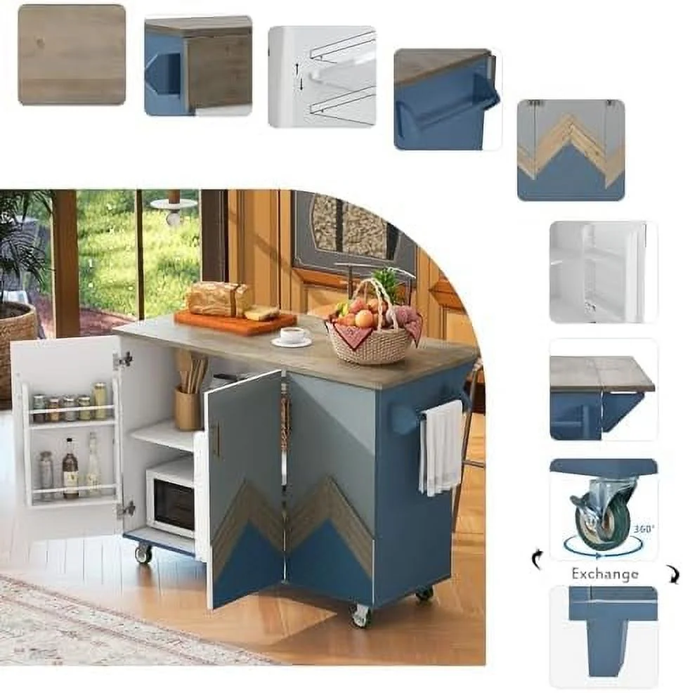 RUNFAYBIU Rolling Kitchen Island with Power Outlet Kitchen Island with  and Wheels  Rolling Kitchen Cart Cabinet with Shelves Drawer and Large Solid Wood Drop Leaf Desk Top