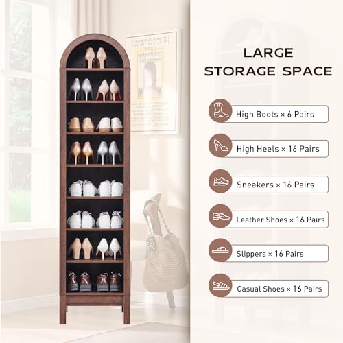 71" Tall Arched Bookshelf, 7 Tiers Arch Bookcase with Storage, Modern Farmhouse Book Shelf with Adjustable Shelves, Wood Bookshelf w/Open Display Shelves for Living Room, Office (Natural)