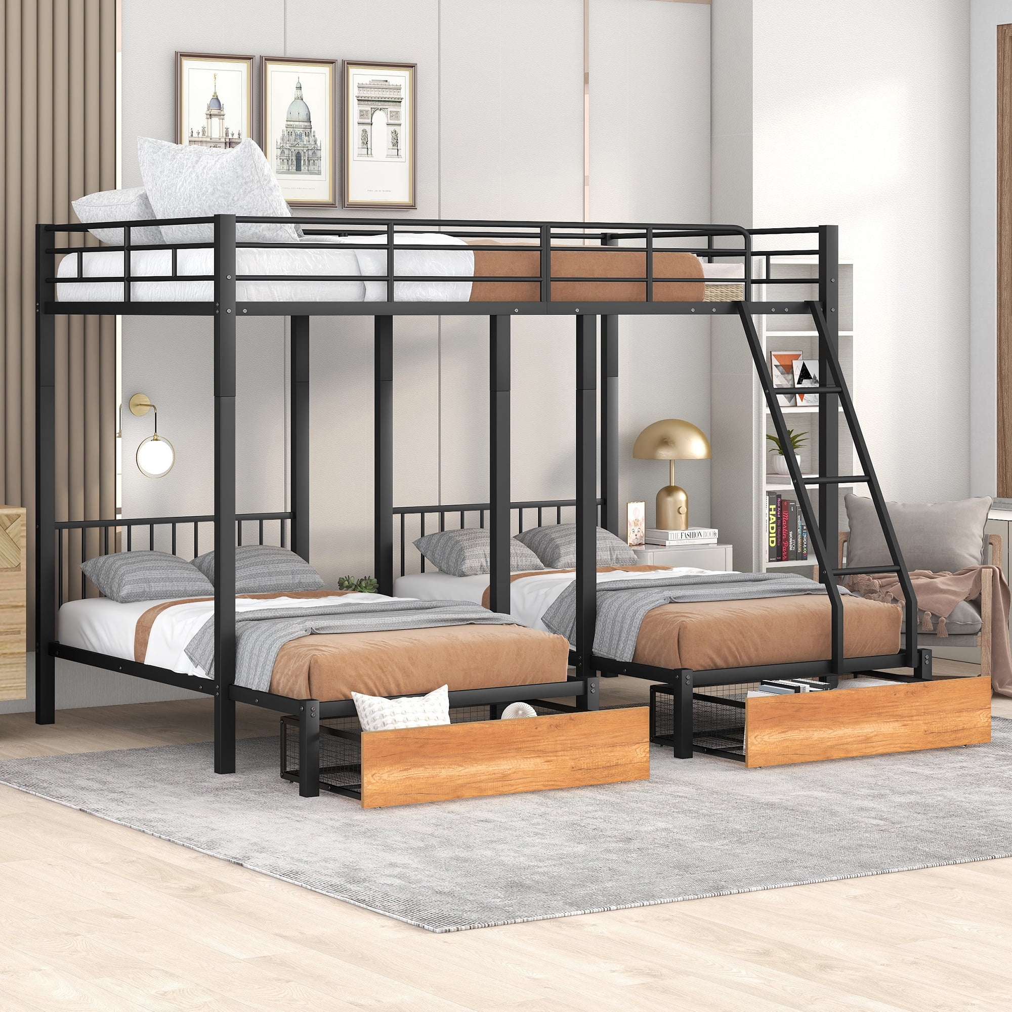 Metal Triple Bunk Beds, BTMWAY Triple Full Bunk Bed for Kids Teens Adults, Full Over Twin Over Twin Bunk Bed with Drawers and Guardrails, Can be Separated into 3 Beds with Headboard, Black
